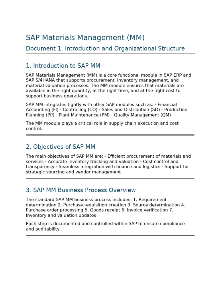 Sap MM Module - Document 1 - Introduction and Organizational Structure ...