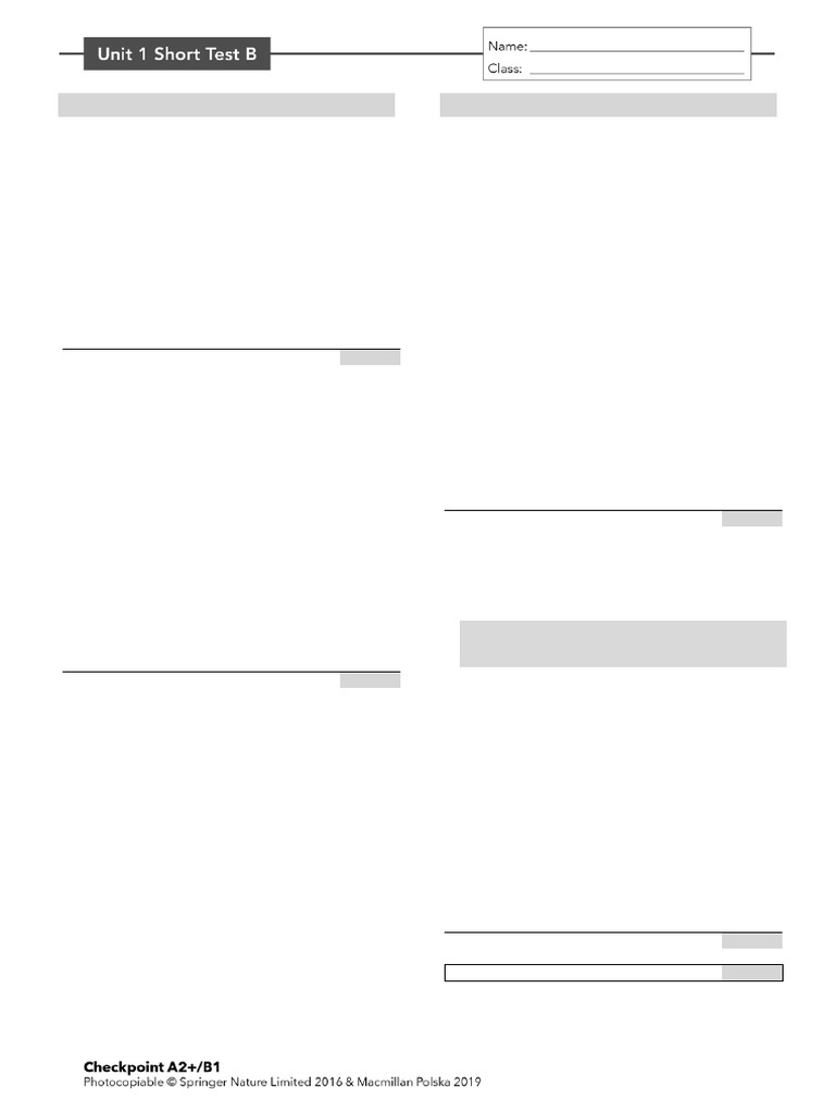 Checkpoint A2+ B1 Unit 1 Short Test B | PDF | Linguistic Morphology ...
