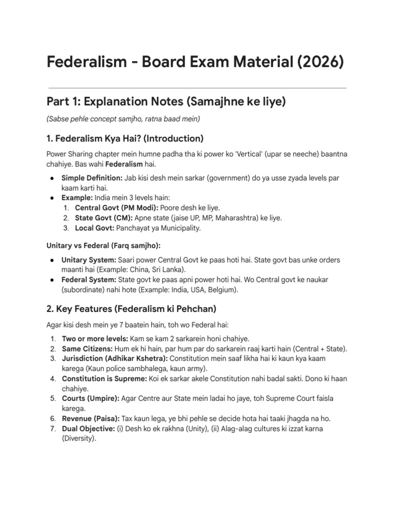 Class 10 Civics Federalism Notes | PDF | Government