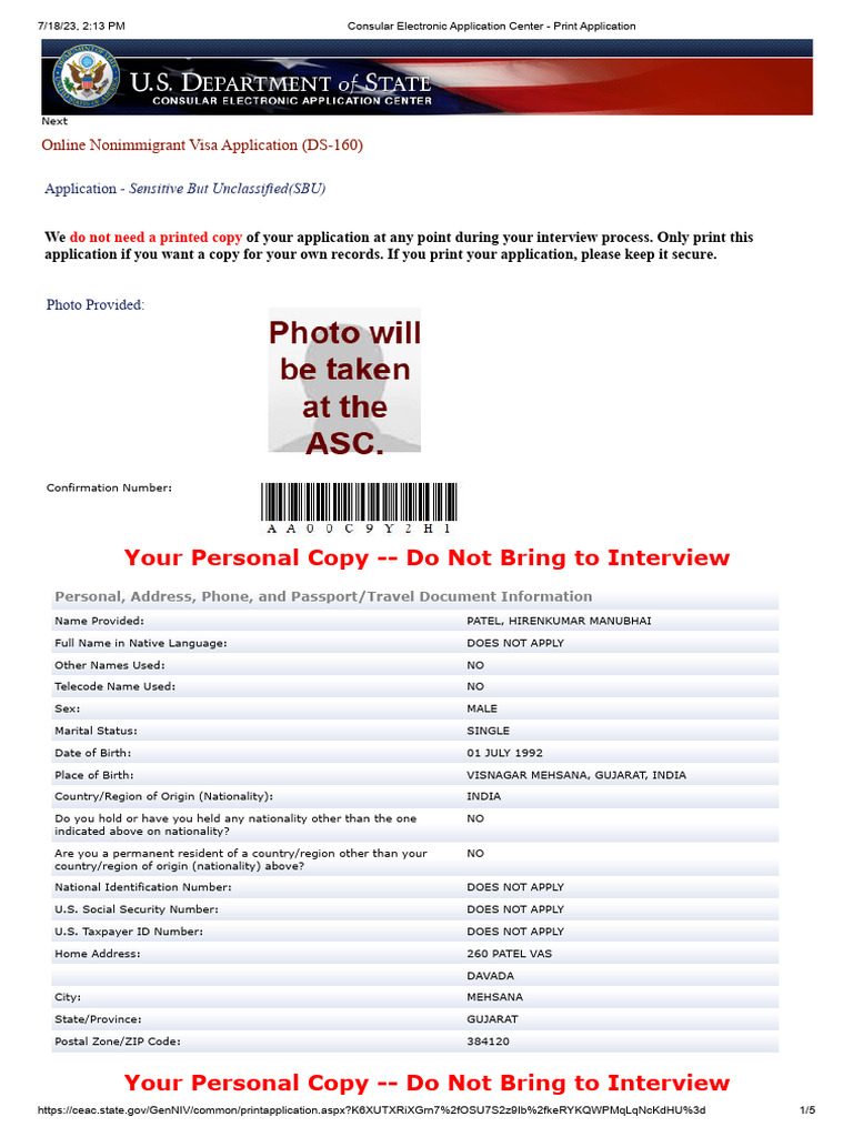 Consular Electronic Application Center - Print Application | PDF ...