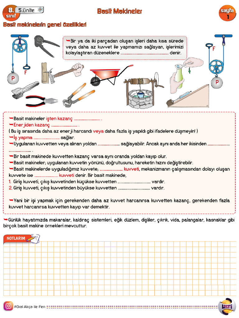 8.SNF 5.ÜNİTE Basit Mak-Makaralar-Palangalar KİS 2026 | PDF