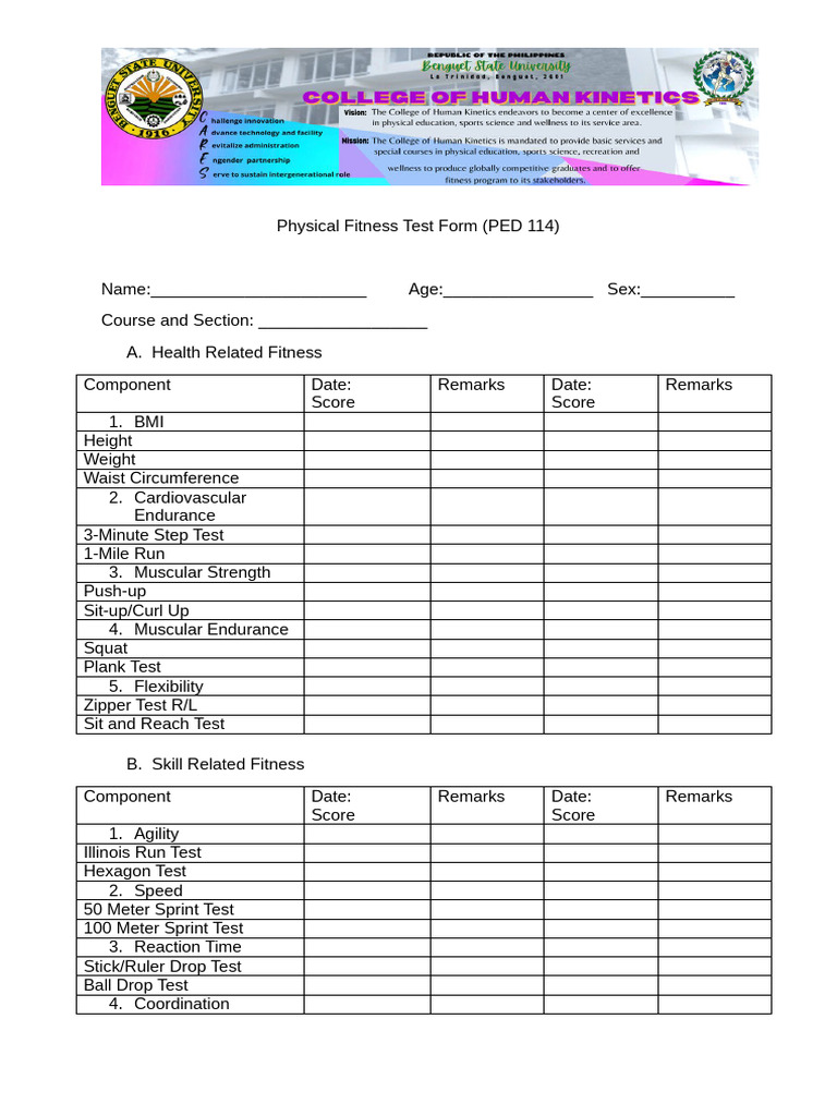 Physical Fitness Test Form PED 114 | PDF