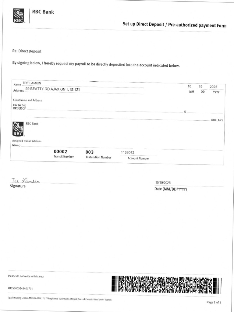 RBC Direct Deposit Preauthorized Payment Form | PDF