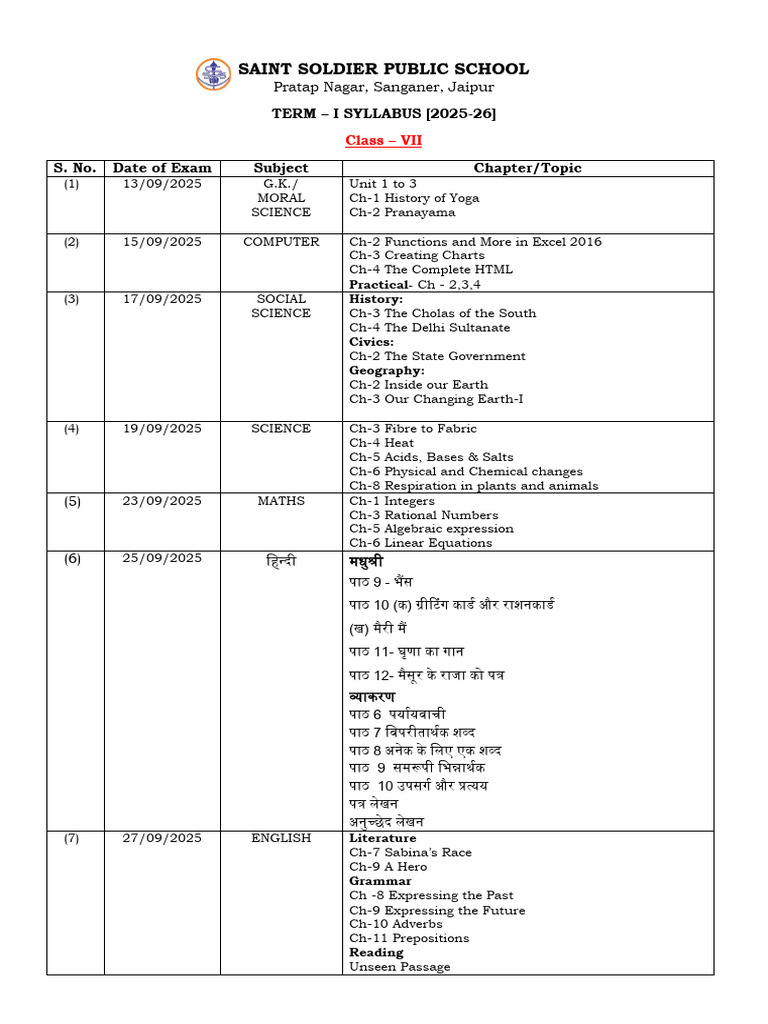 Class 7 - Term 1 Syllabus | PDF