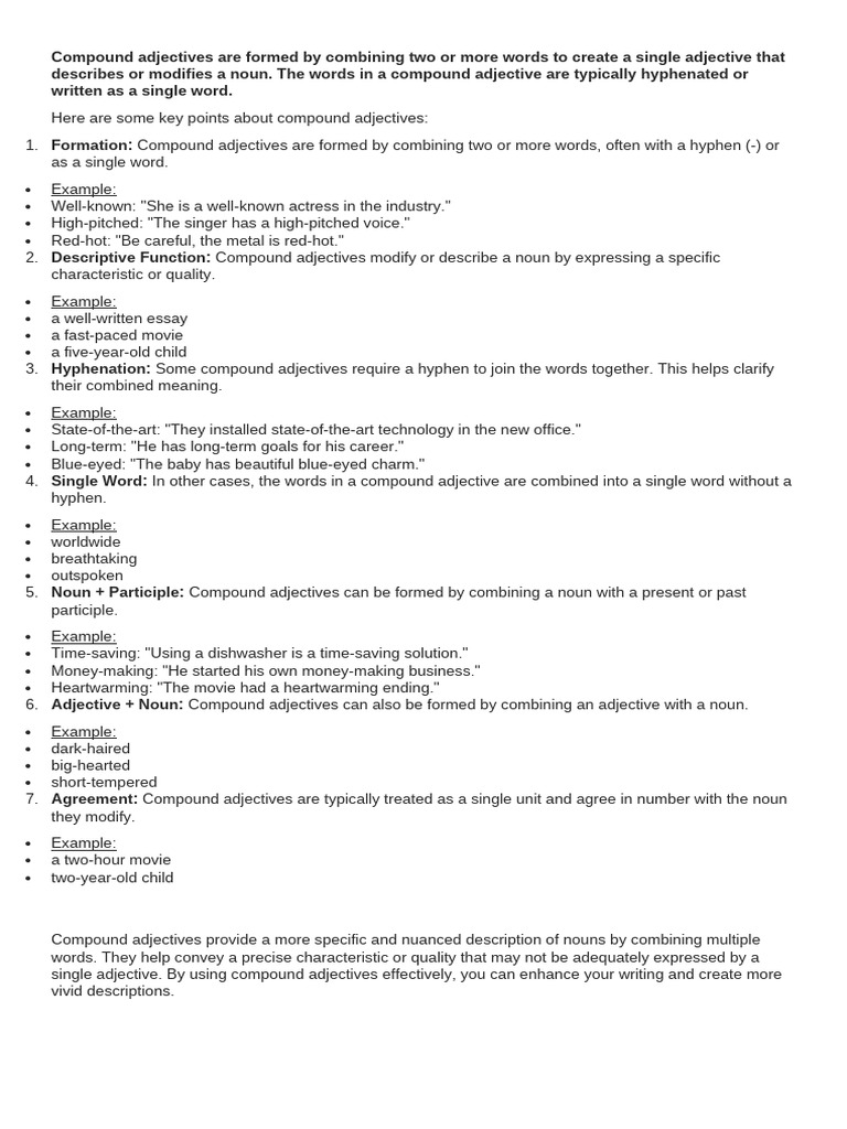 Compound Adjectives Are Formed by Combining Two or More Words to Create ...