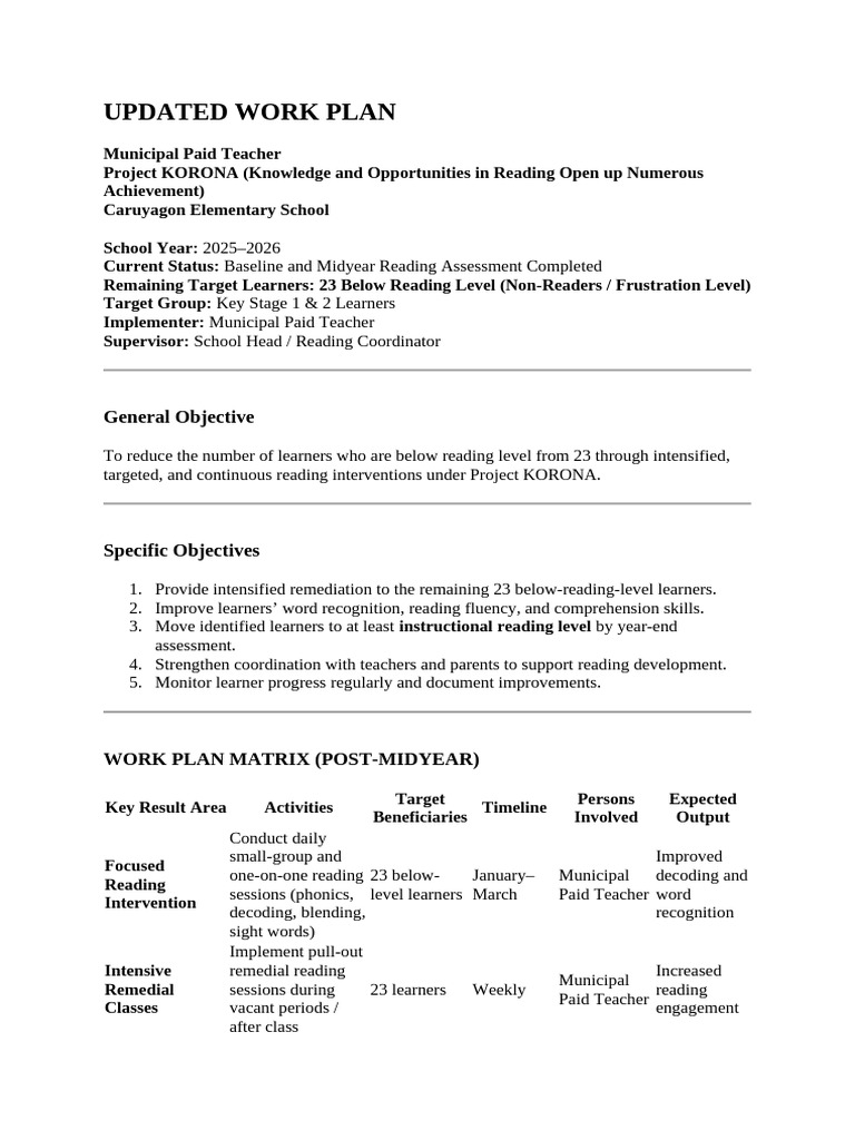 Updated Work Plan Mpt | PDF | Reading Comprehension | Teachers