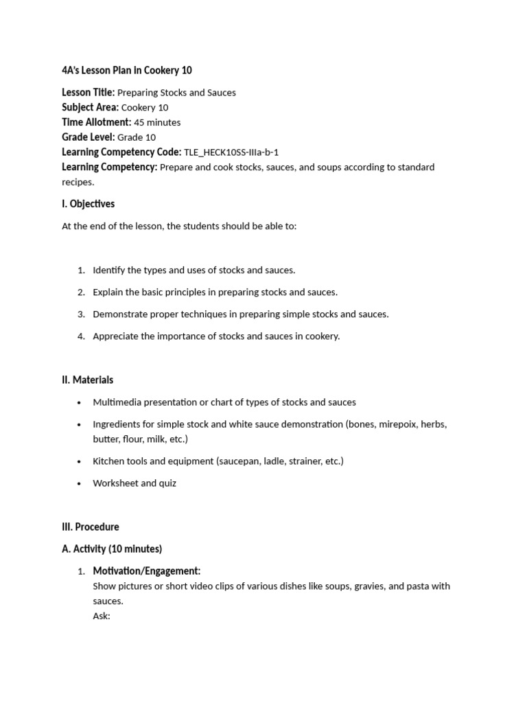 Lesson Plan Cookery 10 Stocks and Sauces | PDF | Stock (Food) | Sauce