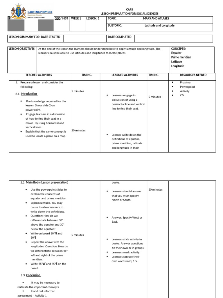 Updated Lesson Plan 1template 1 | PDF | Latitude | Longitude