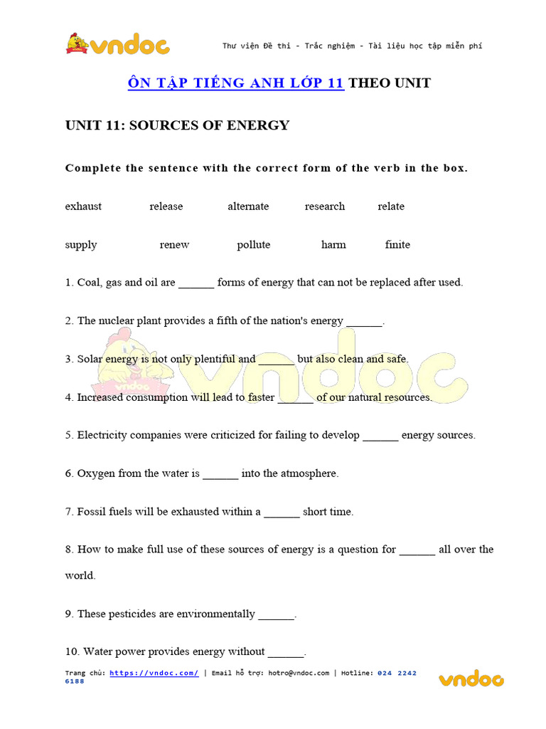 Bai Tap Tieng Anh Lop 11 Unit 11 Sources of Energy Co Dap An | PDF ...