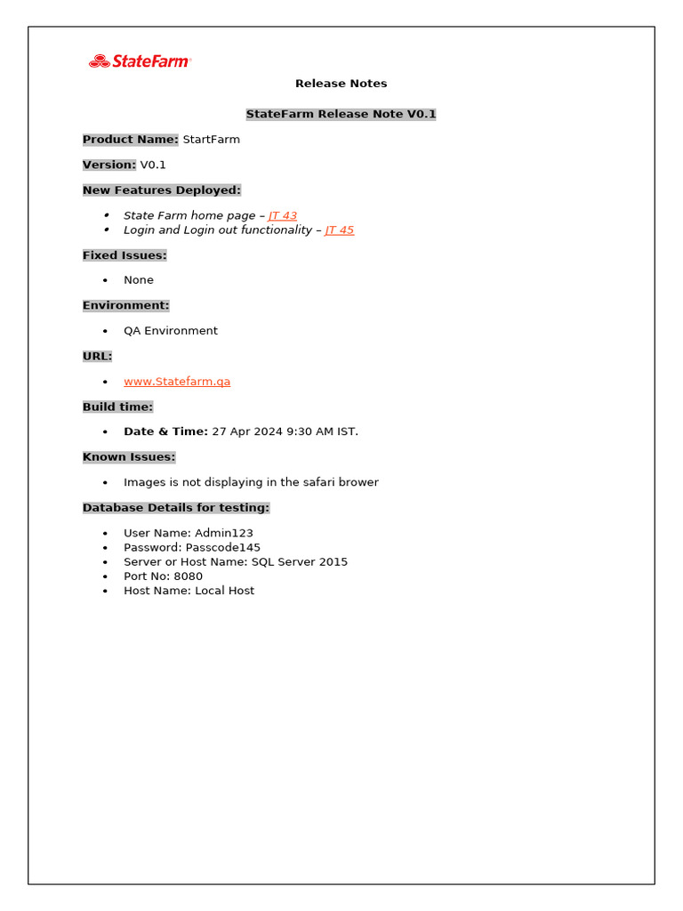 Build Release Note V0.1 - StateFarm | PDF