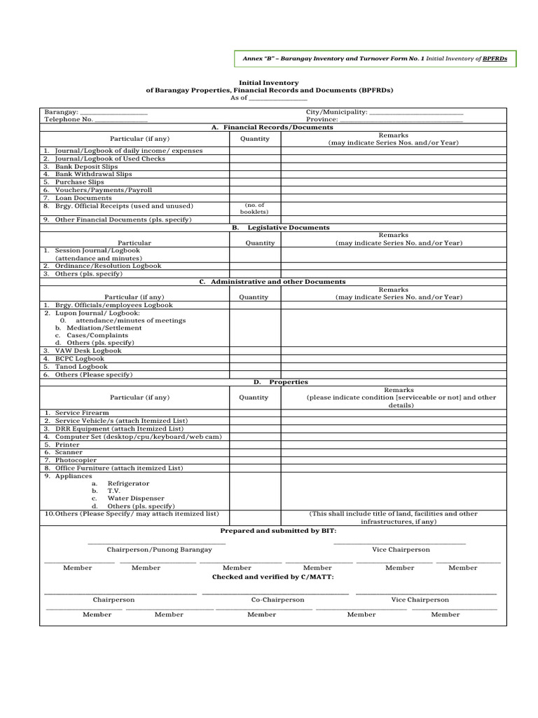 Barangay Inventory Form | PDF