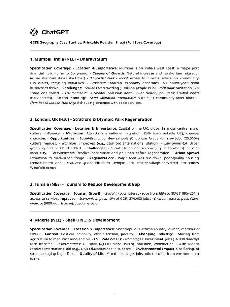Gcse Geography Case Studies | PDF | Slum | Urban Renewal