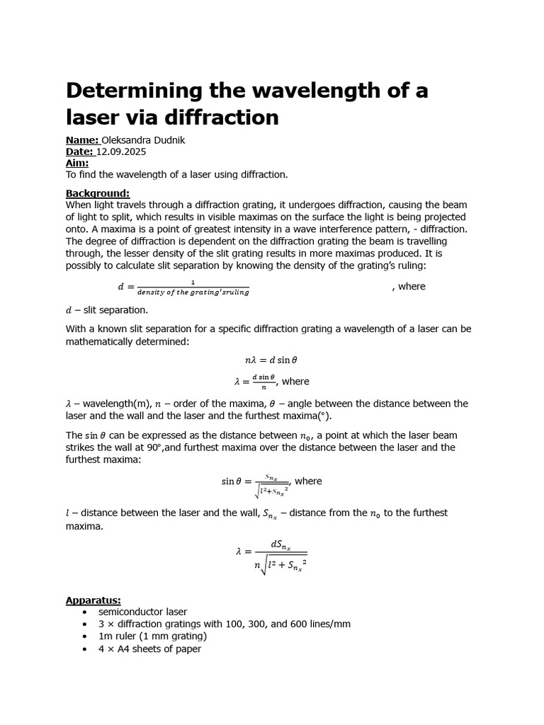 Determining The Wavelength of A Laser Via Diffraction | PDF ...