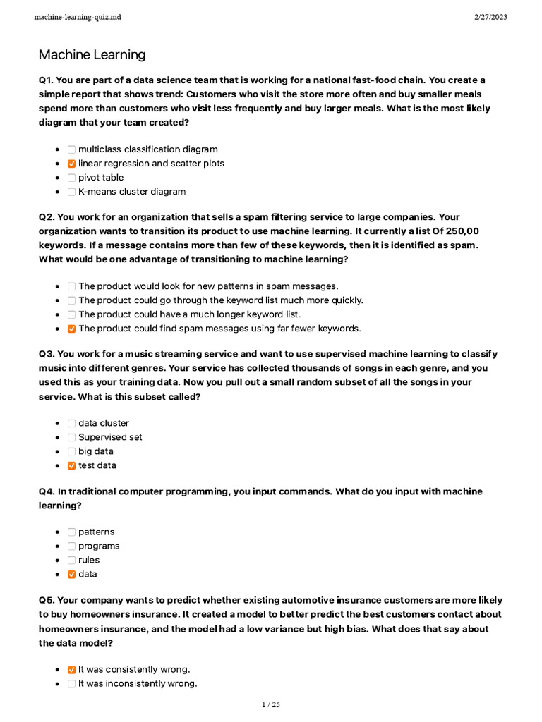 Machine Learning Quiz | PDF | Machine Learning | Statistical Classification