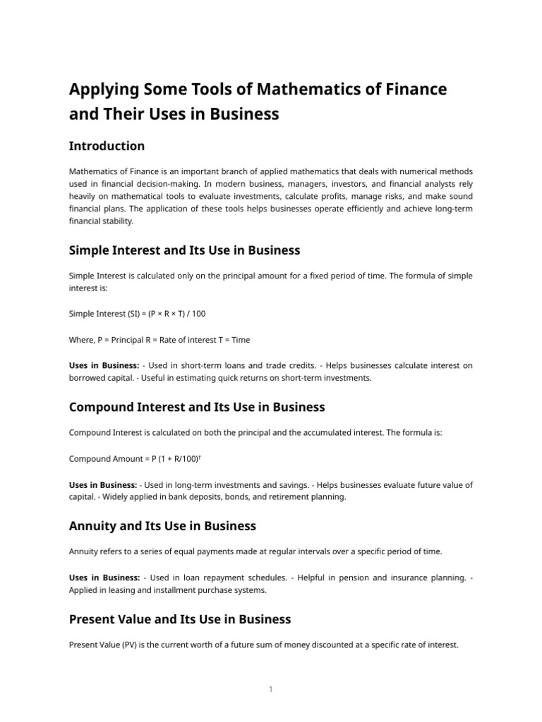 Applying Tools of Mathematics of Finance and Their Uses in Business ...