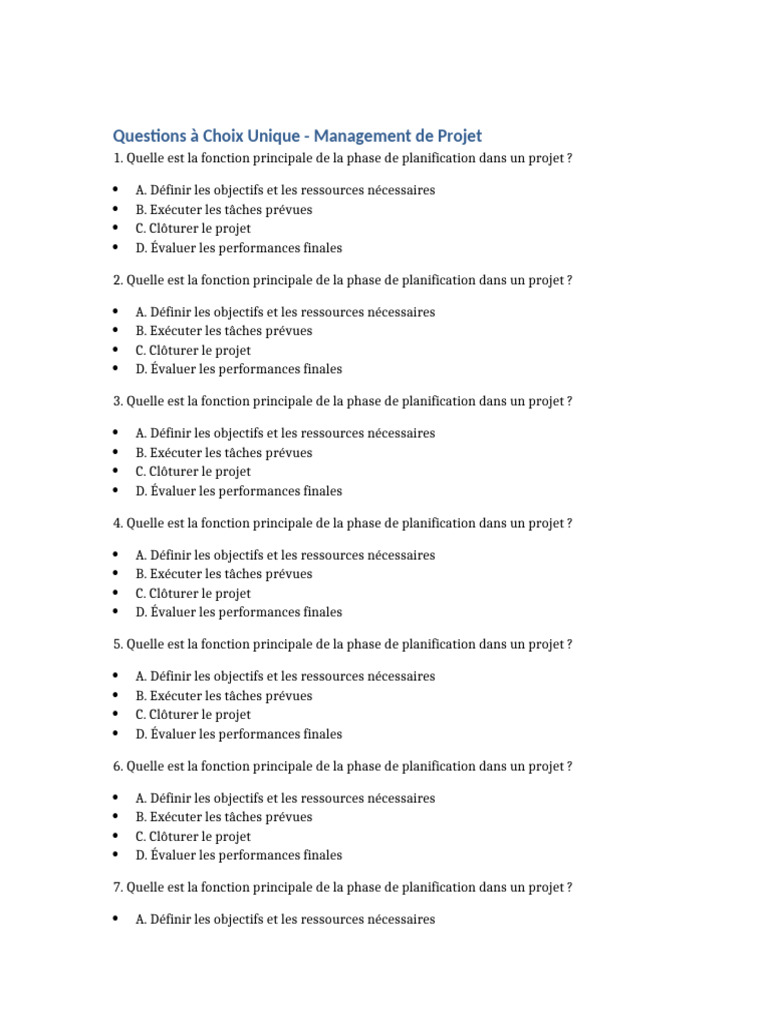 QCM Management de Projet 100 Questions | PDF | Planification | Gestion ...