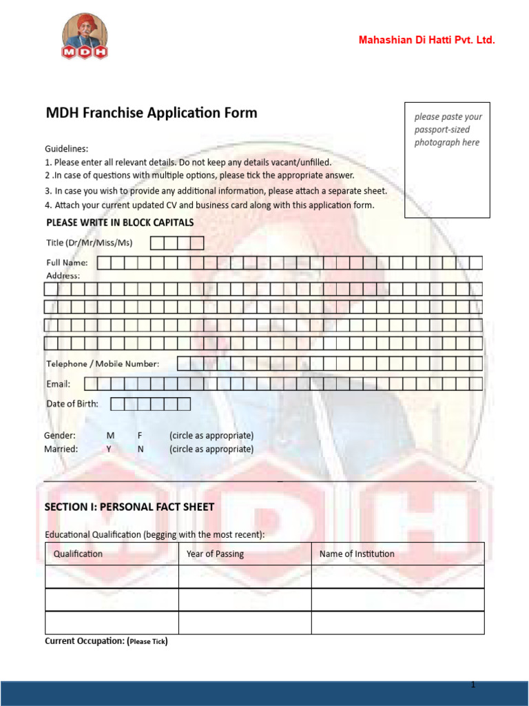 MDH Franchise Application Form | PDF