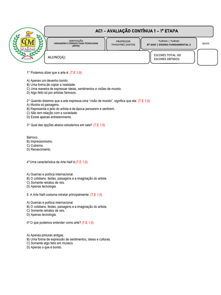 Atividade de Artes para Ensino Fundamental | PDF | As artes
