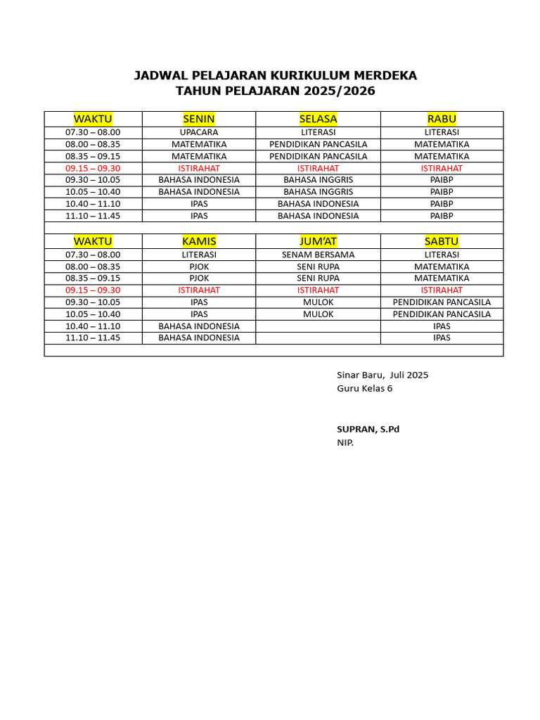 Jadwal Pelajaran Kurikulum Merdeka | PDF