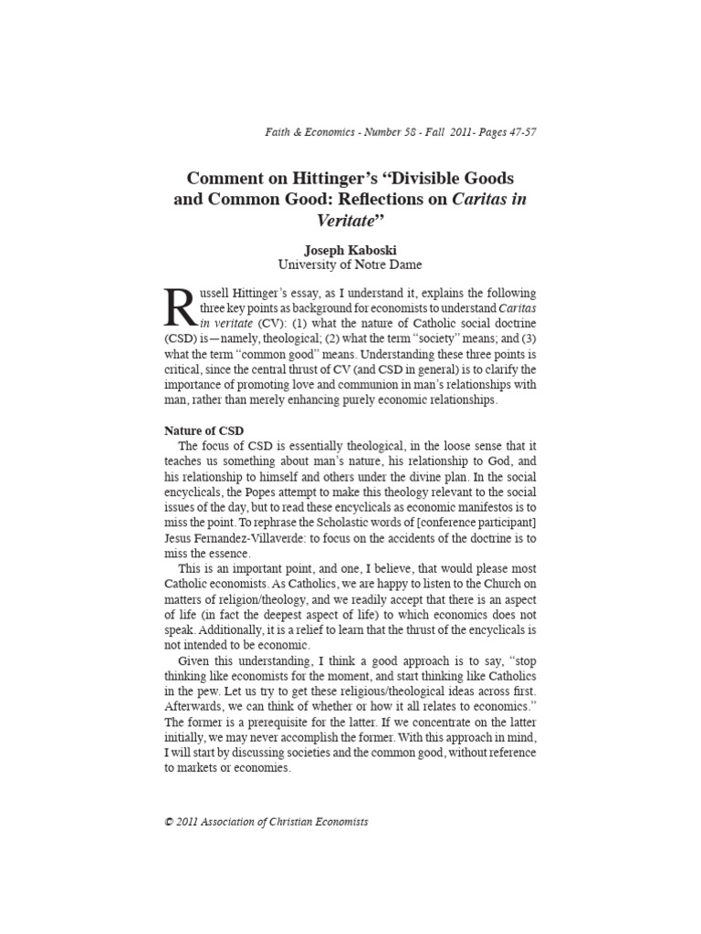 Hittinger, Kaboski, Divisible Goods and Common Good | PDF