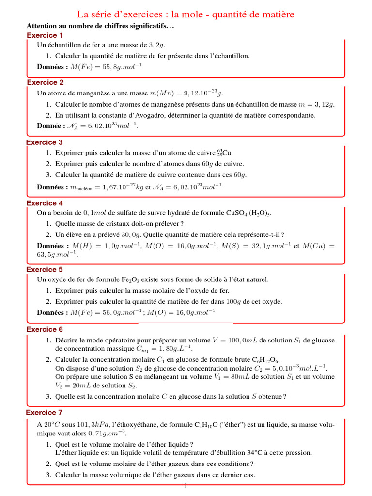 Ma Serie 24-25 | PDF | Concentration molaire | Chimie