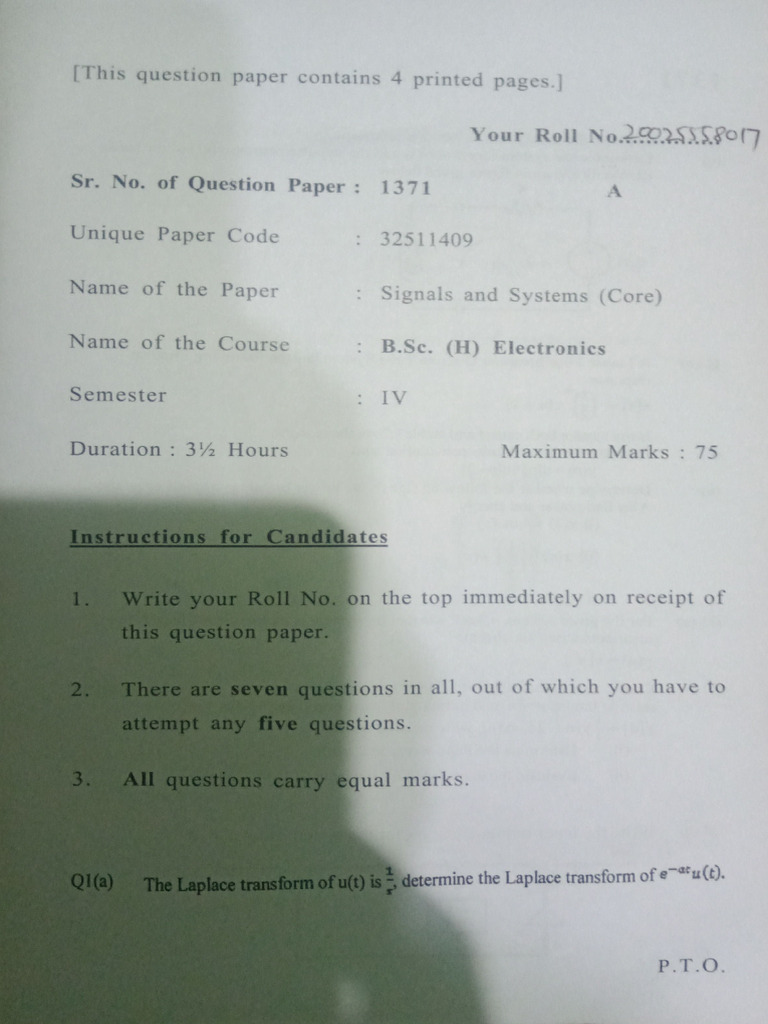2019 PYQ Paper - Signals and Systems PYQ Paper Uploaded by Navdeep ...