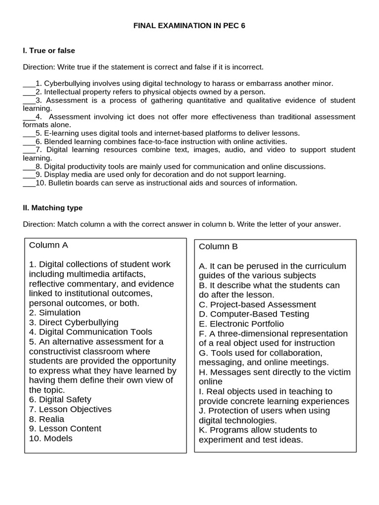 Final Examination in PEC 6 | PDF | Educational Technology | Learning