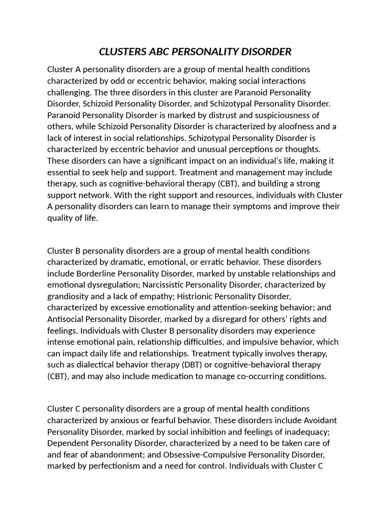 Clusters ABC Personality Disorder | PDF | Personality Disorder | Mental ...