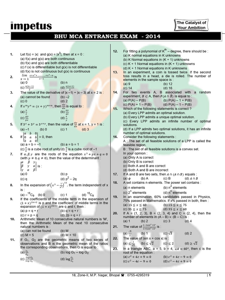 Bhu 2014 Mca Actual | PDF | Matrix (Mathematics) | Force