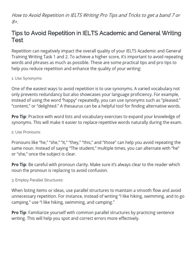 Avoid Repetition in Writing Test | PDF | Vocabulary | Syntax