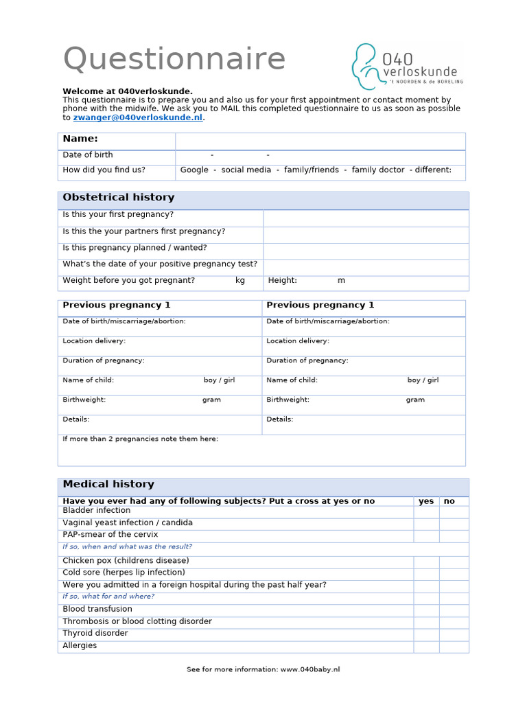 Questionnaire For 1st Appointment 040verloskunde ENGLISH | PDF ...