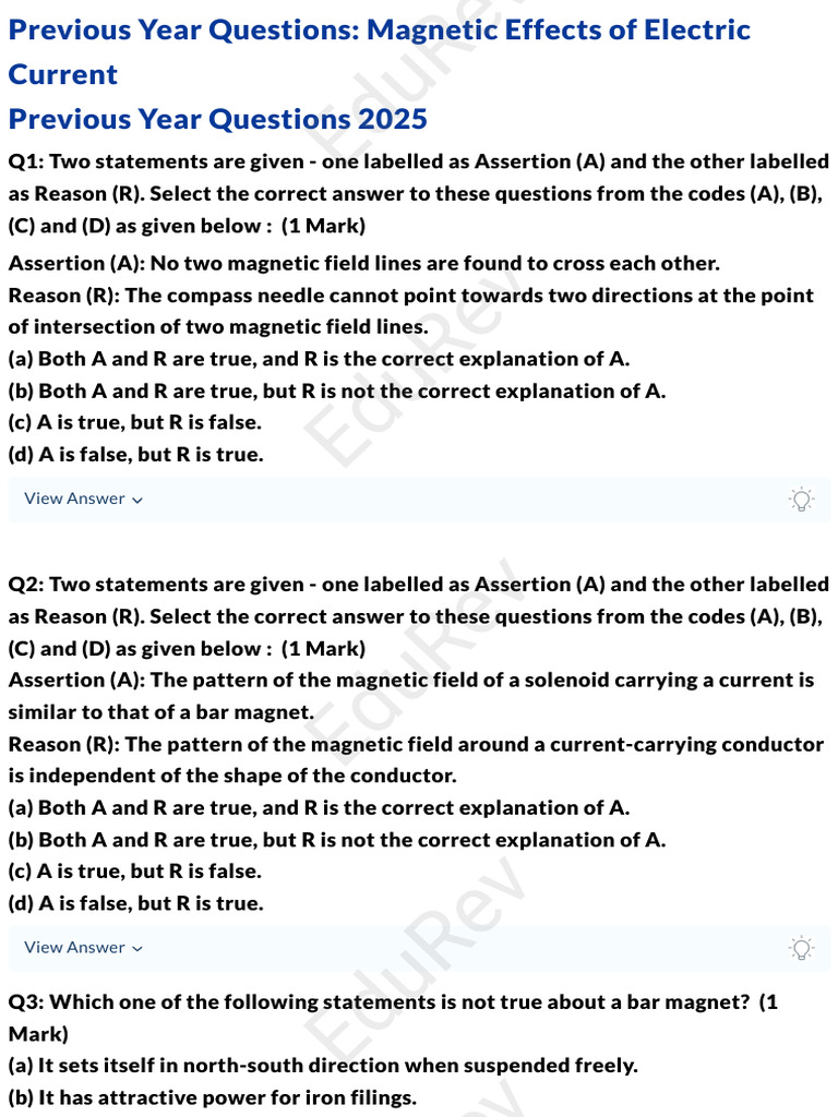 EduRev - Previous Year Questions - Magnetic Effects of Electric Current ...
