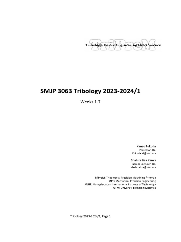 Tribology Handout 20232024-2 Week01 | PDF | Wear | Friction