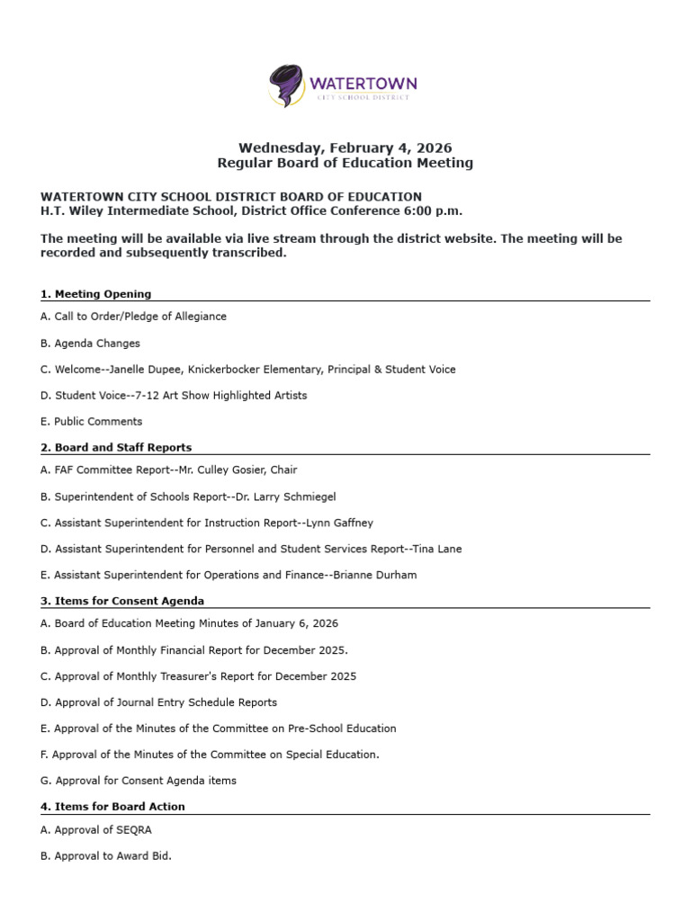 Watertown City School District Board of Education Agenda Feb. 4, 2026 | PDF