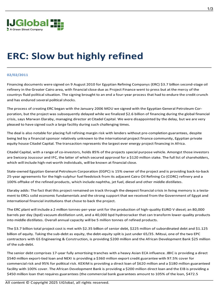 IJGlobal - ERC - Slow But Highly Refined | PDF | Oil Refinery | Project ...