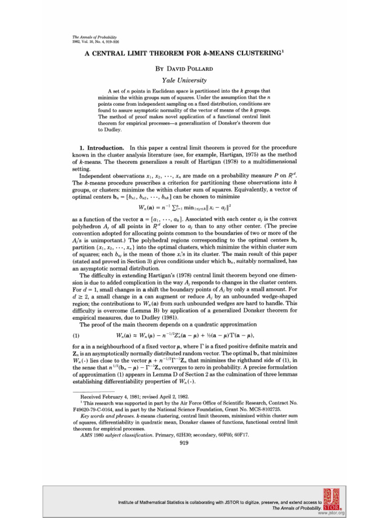 A Central Limit Theorem For K Means Clustering | PDF