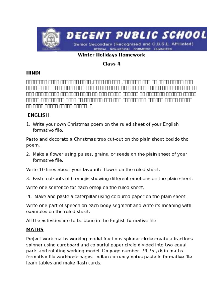 Winter Holidays Homework Class 4 | PDF