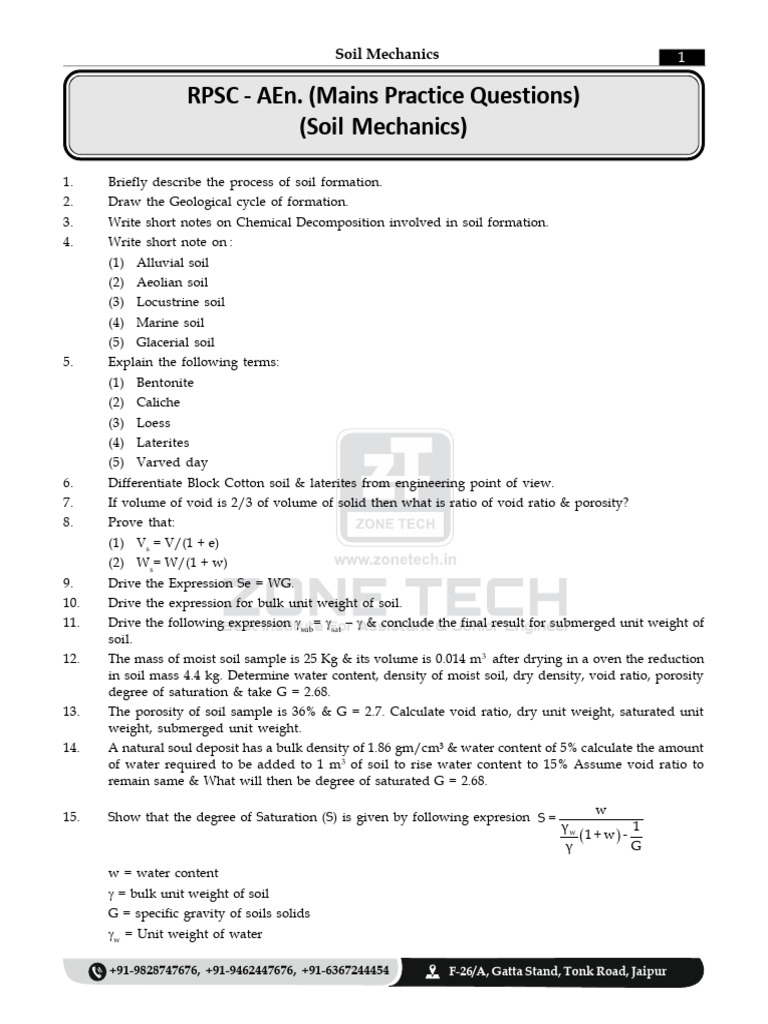 138 SOIL MECHANICS RPSC Mains Classroom Questions Soil Mechanics | PDF ...