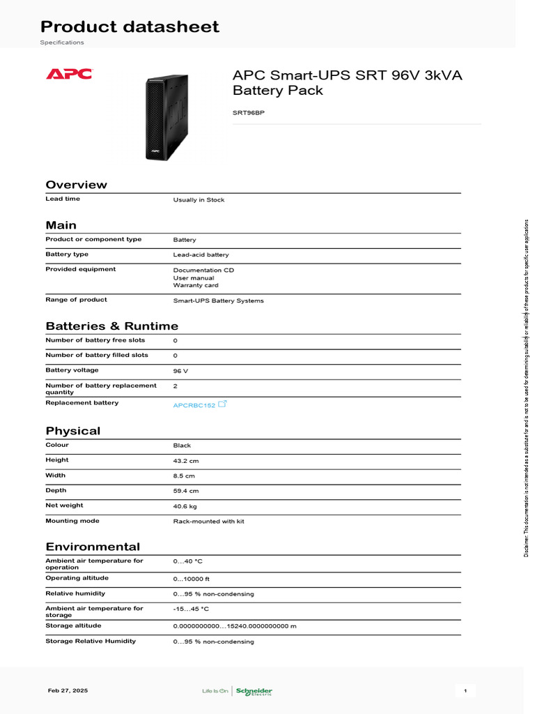 Schneider Electric SmartUPS-Battery-Systems SRT96BP | PDF