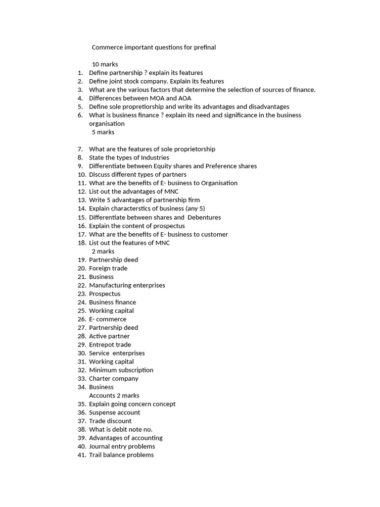 Commerce Important Questions For Prefinal First Year | PDF