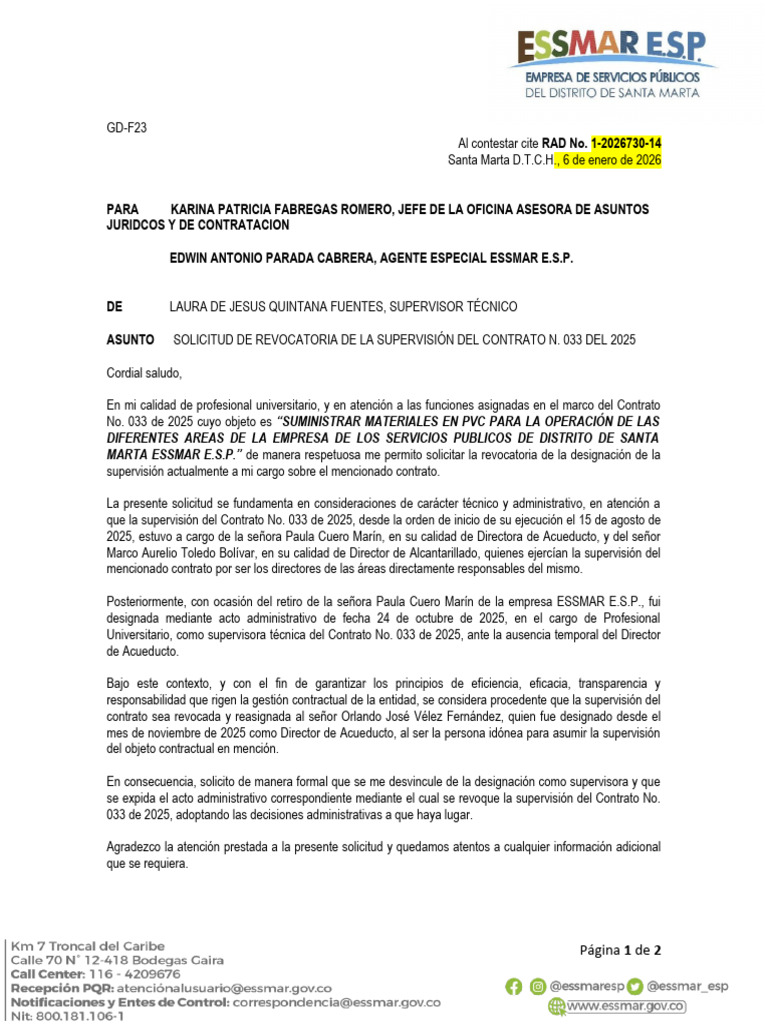 Solicitud de Revocatoria de La Supervision Del Contrato N. 033 Del 2025 ...