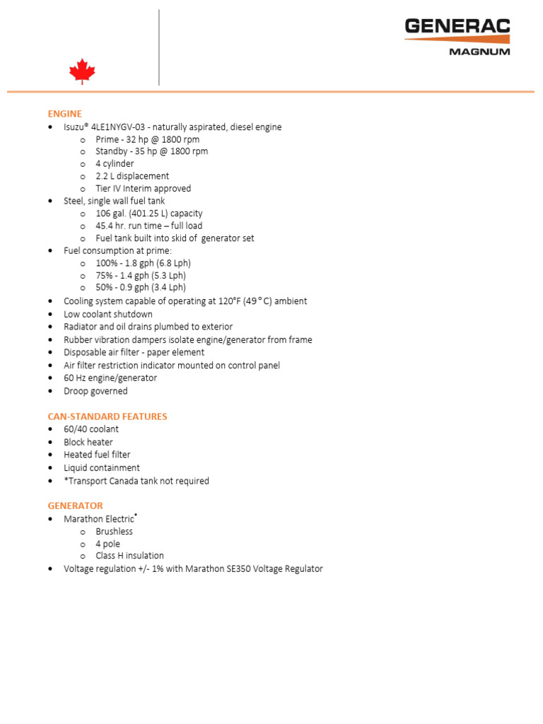 Generac Mobile Products Canadian Specs Diesel Generator MMG25FHICAN ...