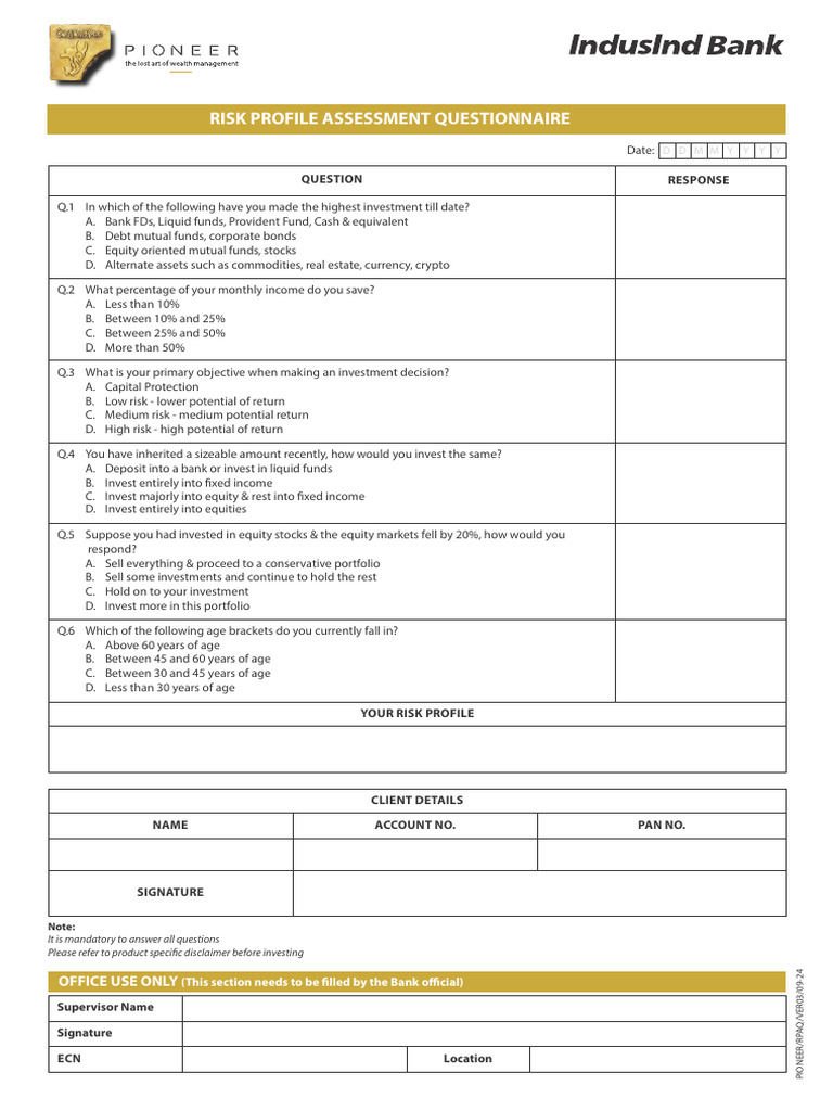 Risk Profiler Form Pioneer | PDF | Investing | Equity (Finance)