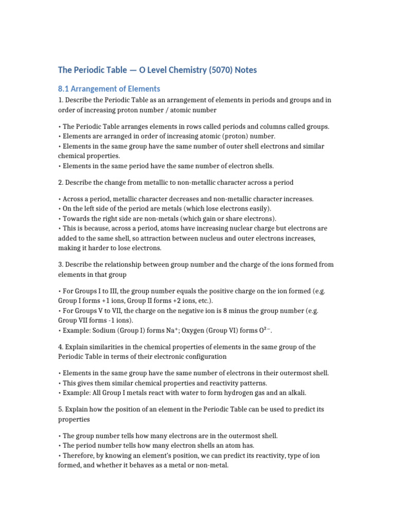 Periodic Table Notes Olevel 5070 | PDF | Periodic Table | Ion
