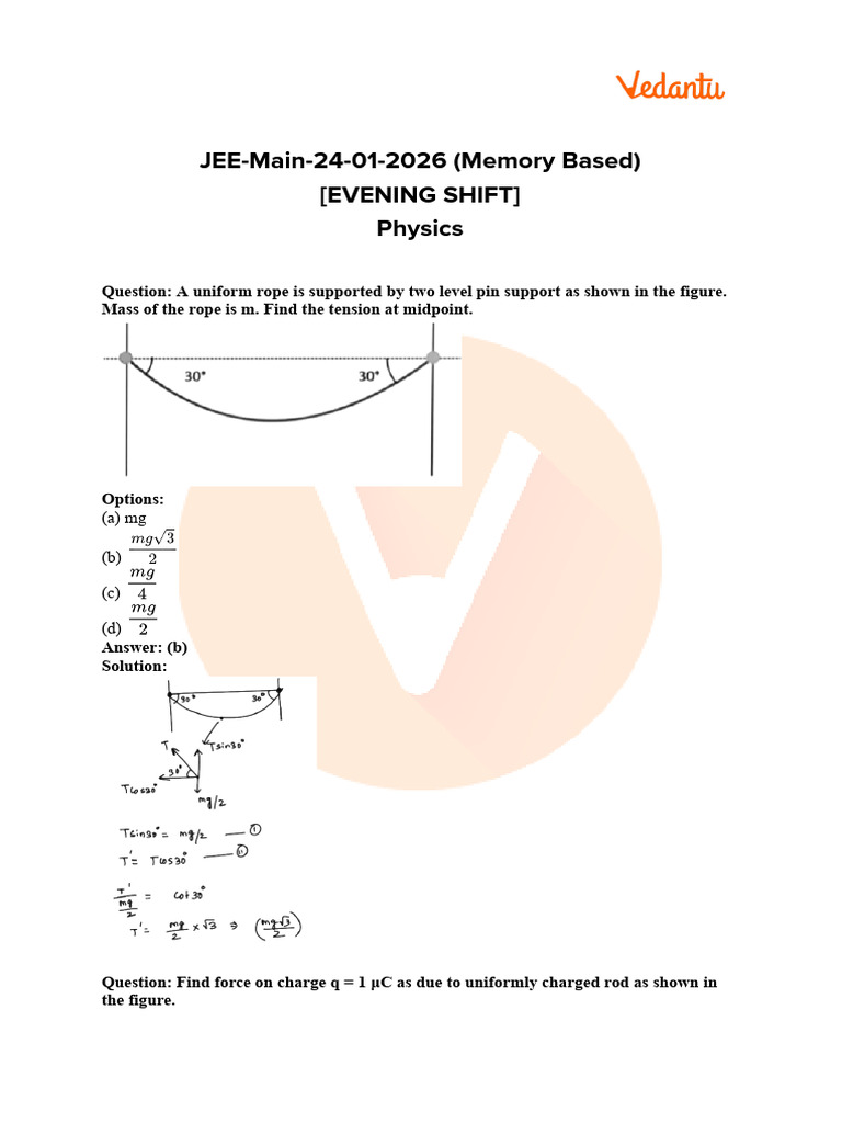 JEE Main 2026 Jan 24 Shift 2 Physics Question Paper With Solutions ...