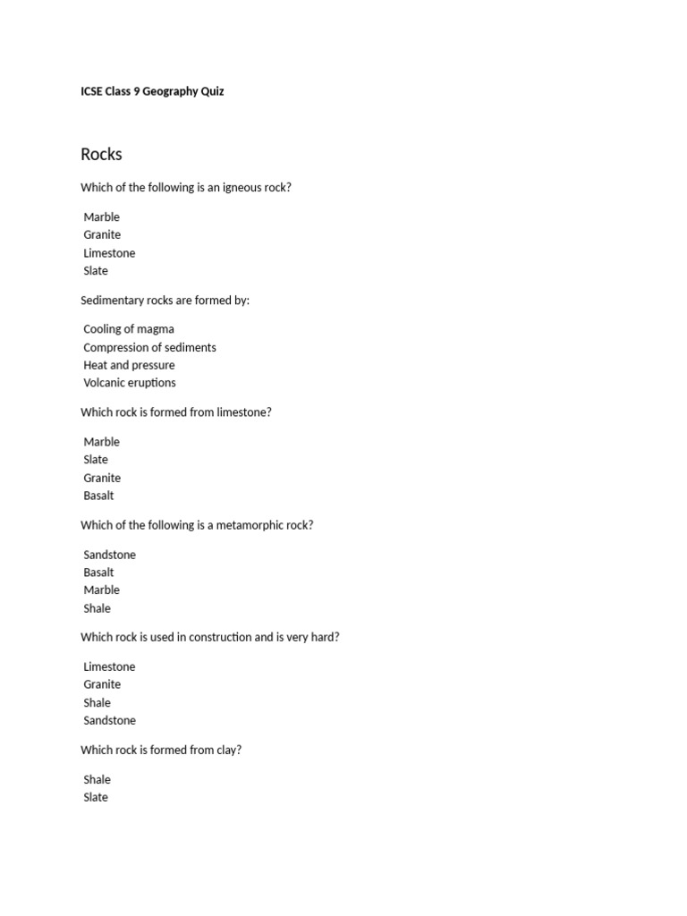 ICSE Class 9 Geography Quiz - Rocks | PDF