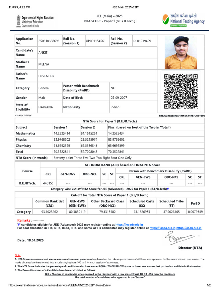 Ankit Sharma (SD Wala) Jee Result | PDF