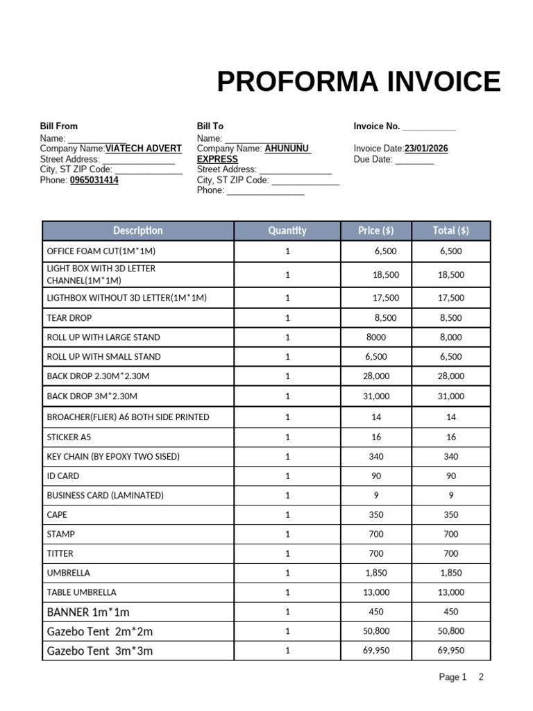 Ahununu Proforma - Viatech Advert | PDF | Accounting