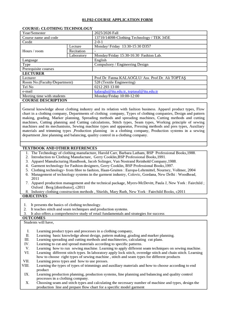 Course Application Form-Tek 345e 2024-2025 | PDF | Sewing | Sewing Machine