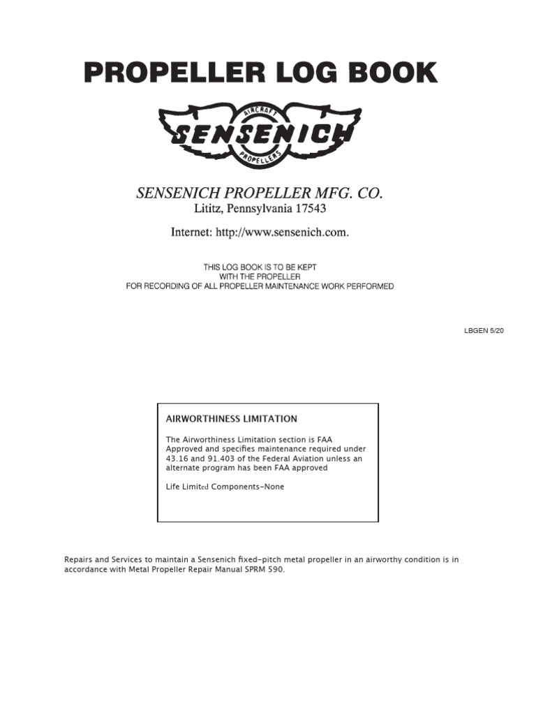 Sensenich Log Book LBGEN-5-20 | PDF